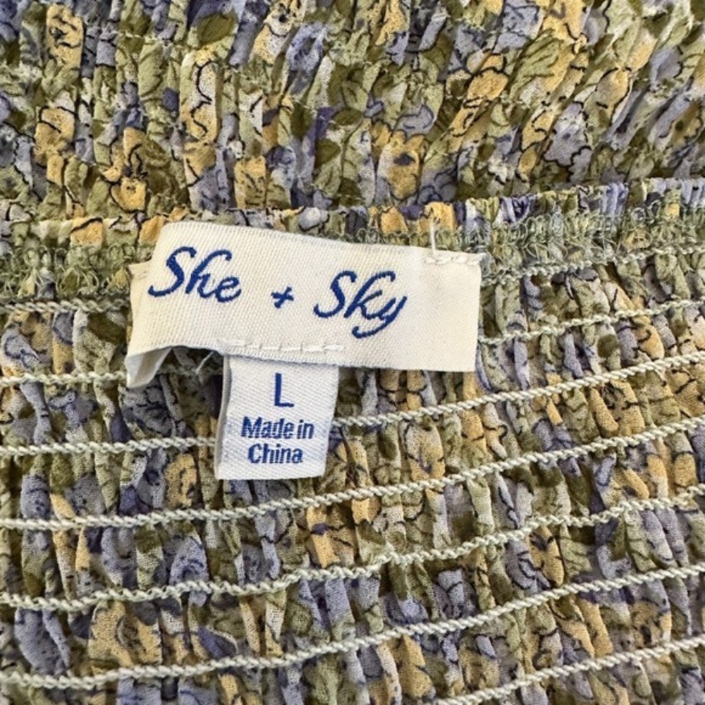 She + Sky Floral Crop Top Womens Large‎ Green Blue Smocked Ruched Long Sleeve - Picture 5 of 6